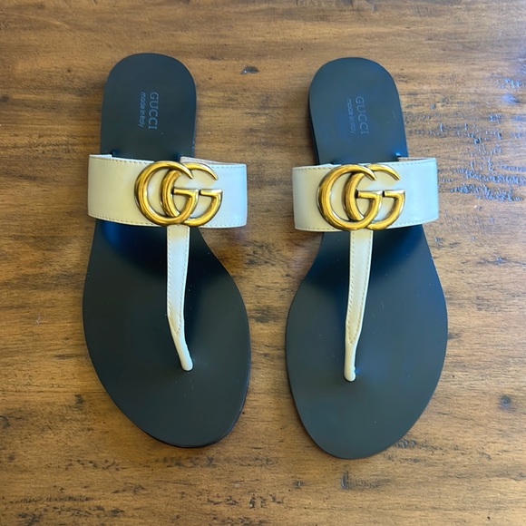 GUCCI Marmont Double GG Off White Leather Thong Sandal Flip Flop Sz 41 E…